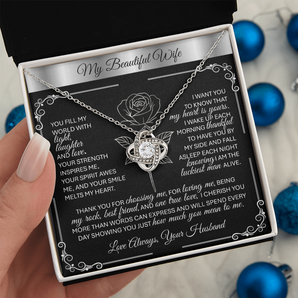 To My Beloved Wife – 💞 Silver Love Knot Necklace Gift 💝