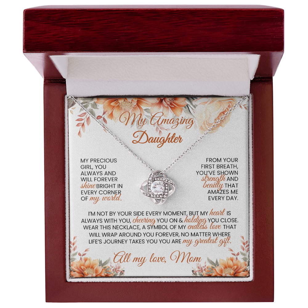Gold or Silver Love Knot Necklace with Heartfelt Message Card – Gift for Daughter from Mom