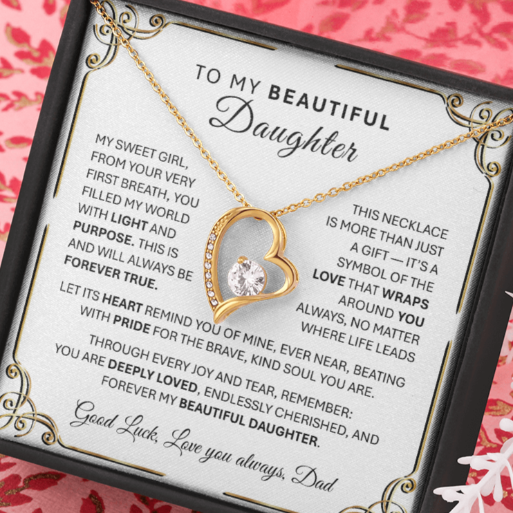 Forever Love GOLD Necklace for Daughter – Heart-Shaped Silver Pendant Gift from Parent