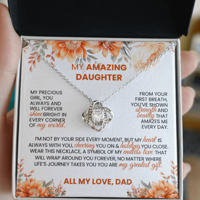 Gold or Silver Love Knot Necklace with Heartfelt Message Card – Gift for Daughter from Dad - TheBestGiftPlace