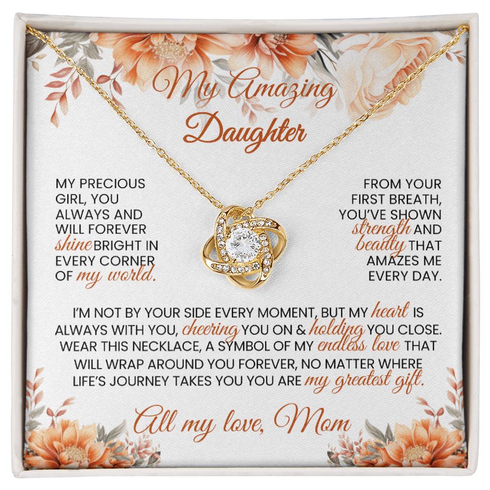 Gold or Silver Love Knot Necklace with Heartfelt Message Card – Gift for Daughter from Mom - TheBestGiftPlace
