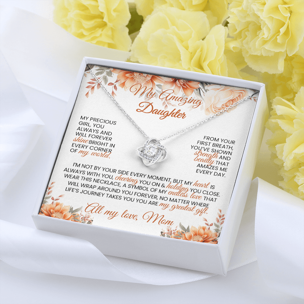 Gold or Silver Love Knot Necklace with Heartfelt Message Card – Gift for Daughter from Mom - TheBestGiftPlace
