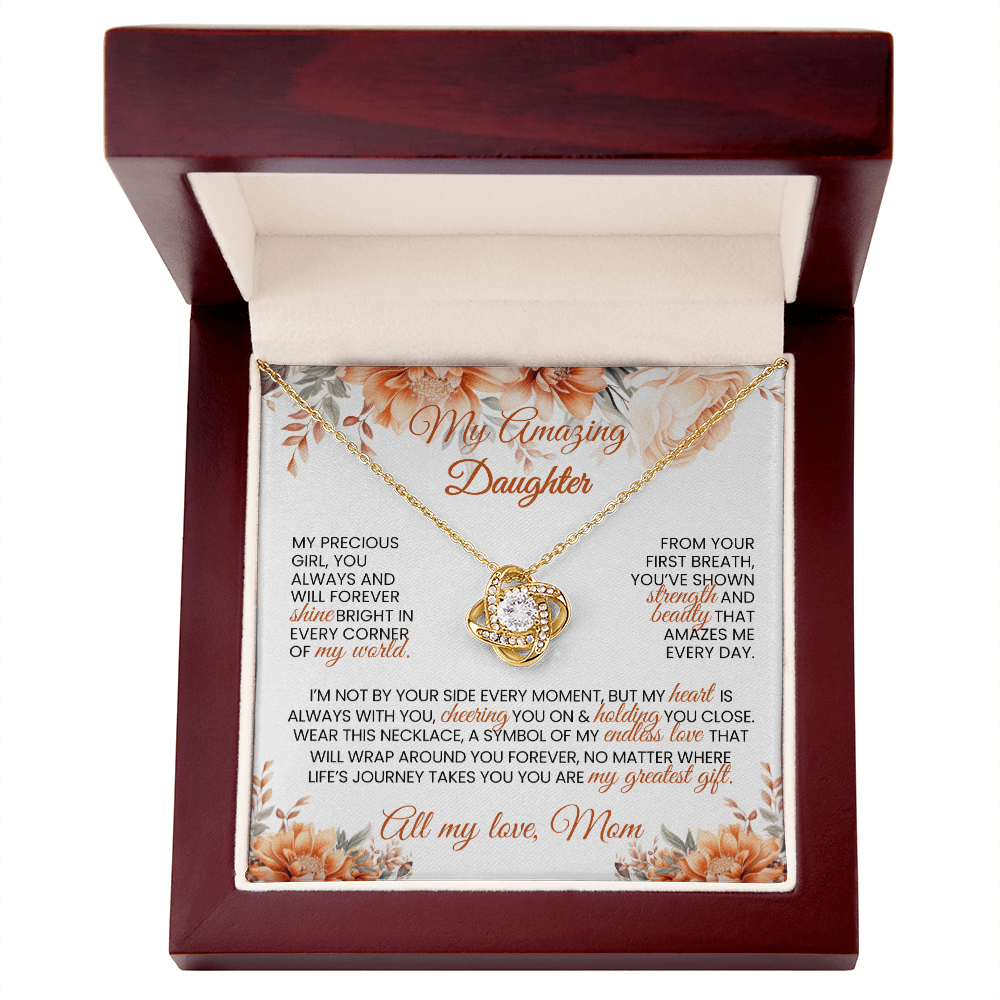 Gold or Silver Love Knot Necklace with Heartfelt Message Card – Gift for Daughter from Mom - TheBestGiftPlace