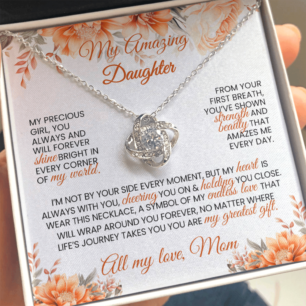 Gold or Silver Love Knot Necklace with Heartfelt Message Card – Gift for Daughter from Mom - TheBestGiftPlace