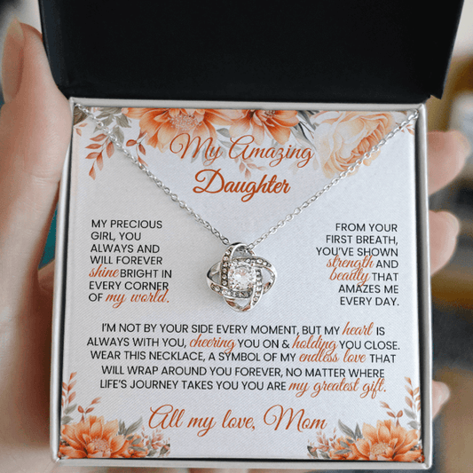 Gold or Silver Love Knot Necklace with Heartfelt Message Card – Gift for Daughter from Mom - TheBestGiftPlace