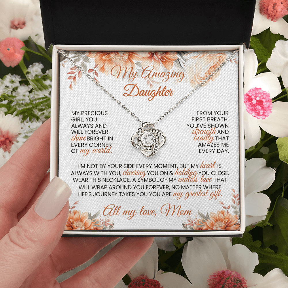 Gold or Silver Love Knot Necklace with Heartfelt Message Card – Gift for Daughter from Mom - TheBestGiftPlace
