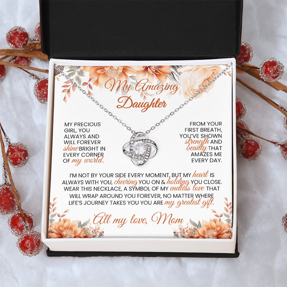 Gold or Silver Love Knot Necklace with Heartfelt Message Card – Gift for Daughter from Mom - TheBestGiftPlace