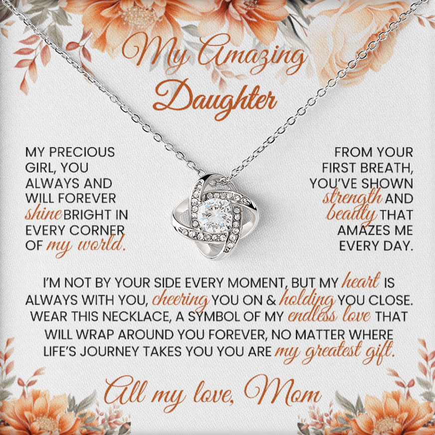 Gold or Silver Love Knot Necklace with Heartfelt Message Card – Gift for Daughter from Mom - TheBestGiftPlace