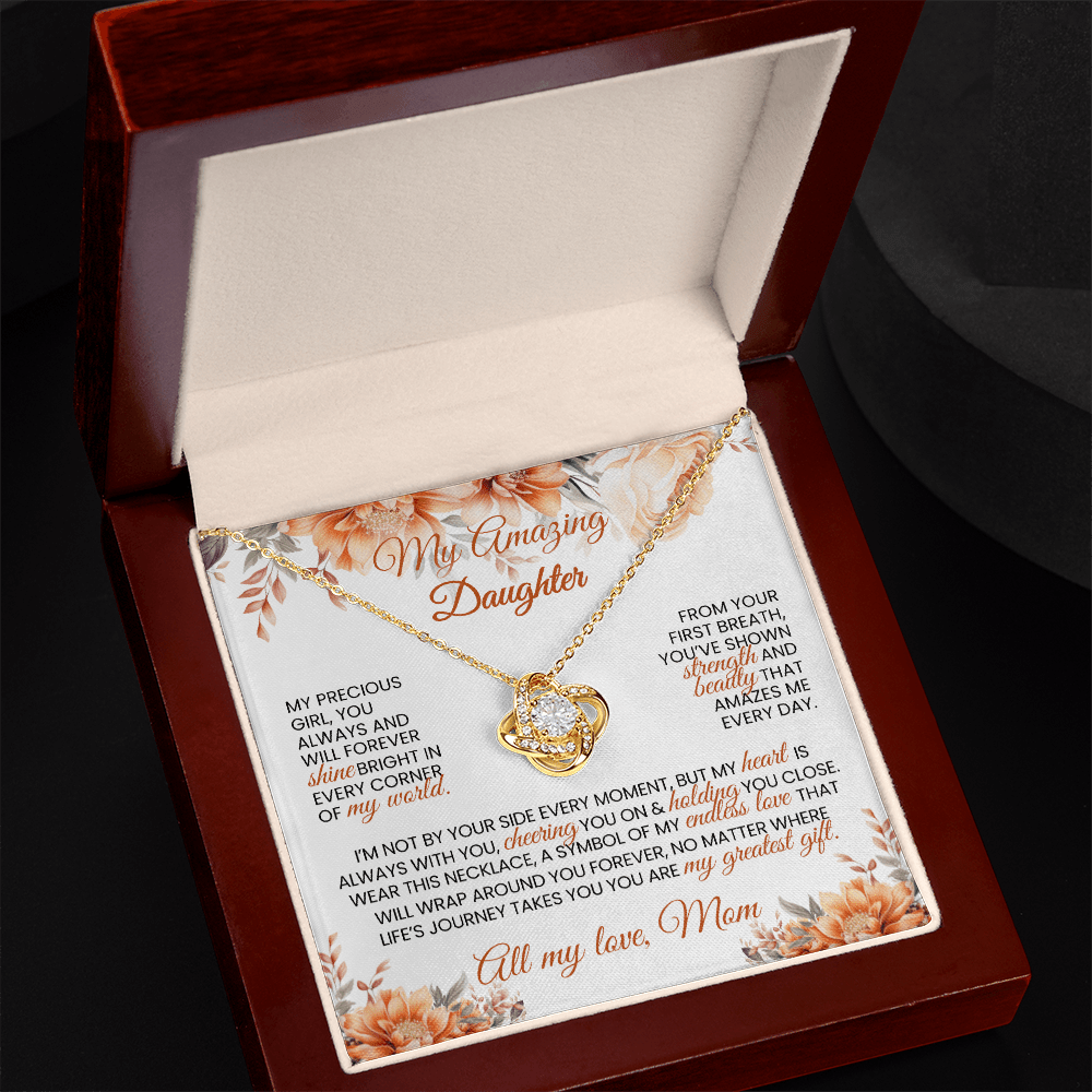 Gold or Silver Love Knot Necklace with Heartfelt Message Card – Gift for Daughter from Mom - TheBestGiftPlace