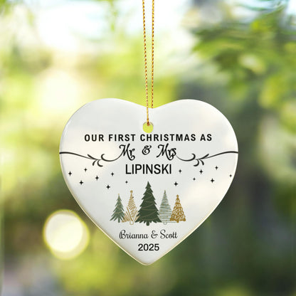 Personalized "Our First Christmas as Mr & Mrs" Heart Ornament – Custom Couple Name & Year