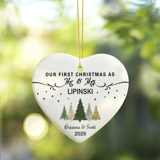 Personalized "Our First Christmas as Mr & Mrs" Heart Ornament – Custom Couple Name & Year