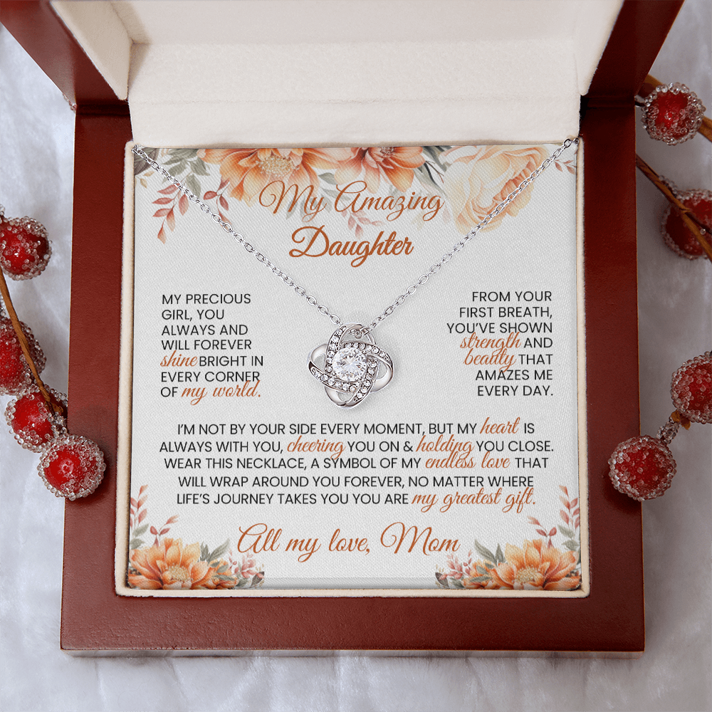 Gold or Silver Love Knot Necklace with Heartfelt Message Card – Gift for Daughter from Mom