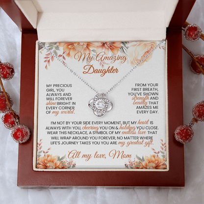 Gold or Silver Love Knot Necklace with Heartfelt Message Card – Gift for Daughter from Mom