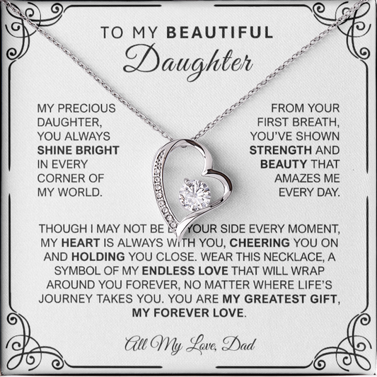 Forever Love Silver Necklace for Daughter – Heart-Shaped Pendant Gift from Dad or Mom