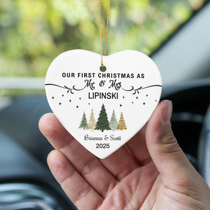 Personalized "Our First Christmas as Mr & Mrs" Heart Ornament – Custom Couple Name & Year