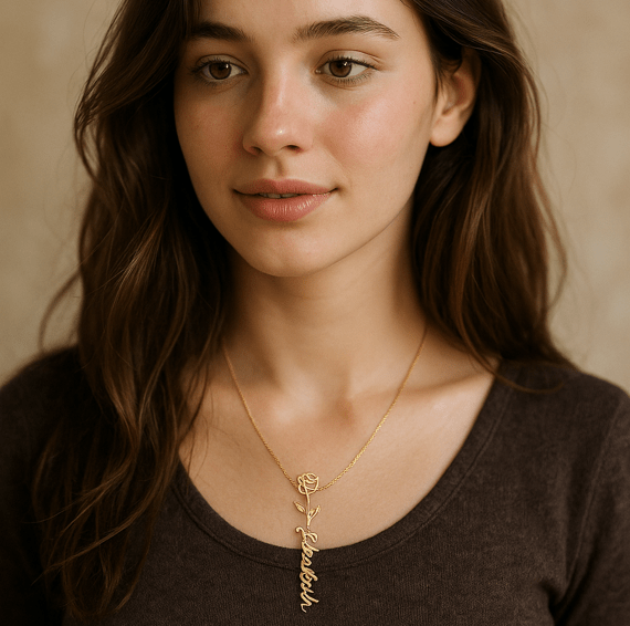 Elegant 🌸 GOLD 🌸Birth Flower Name Necklace for Daughter - Heartfelt Birthday Keepsake - TheBestGiftPlace