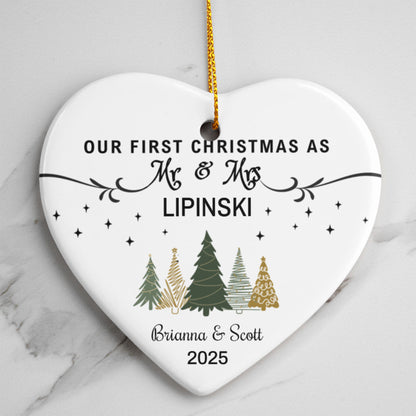 Personalized "Our First Christmas as Mr & Mrs" Heart Ornament – Custom Couple Name & Year