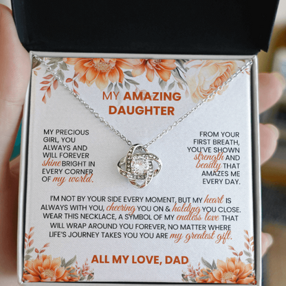 Gold or Silver Love Knot Necklace with Heartfelt Message Card – Gift for Daughter from Dad - TheBestGiftPlace