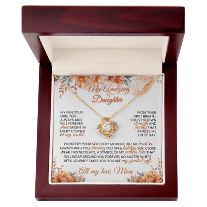 Gold or Silver Love Knot Necklace with Heartfelt Message Card – Gift for Daughter from Mom - TheBestGiftPlace