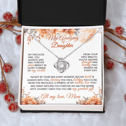 Gold or Silver Love Knot Necklace with Heartfelt Message Card – Gift for Daughter from Mom - TheBestGiftPlace