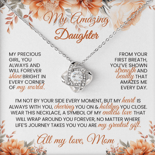 Gold or Silver Love Knot Necklace with Heartfelt Message Card – Gift for Daughter from Mom - TheBestGiftPlace
